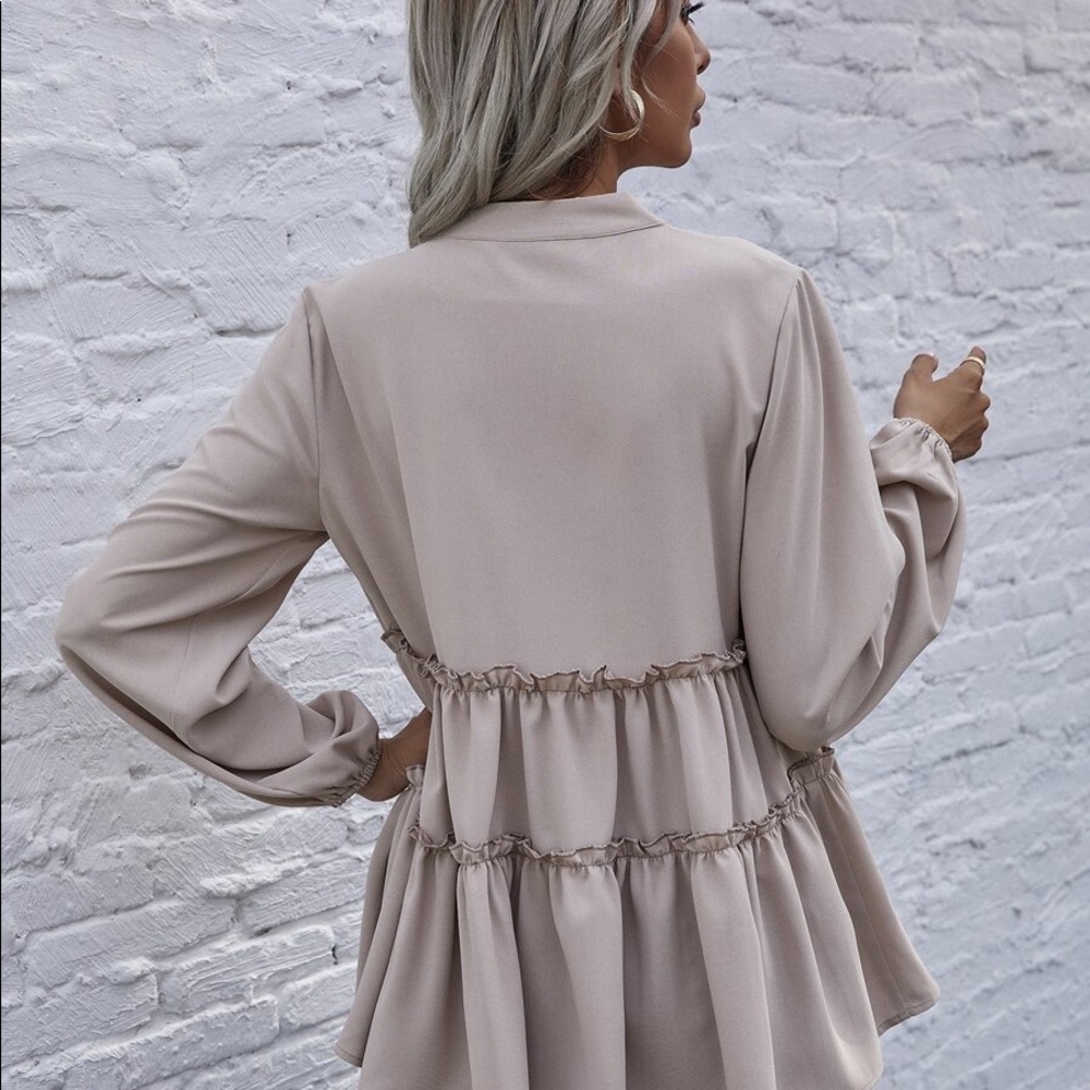 Boho Beige v neck ruffle babydoll long sleeve top - Picture 8 of 15